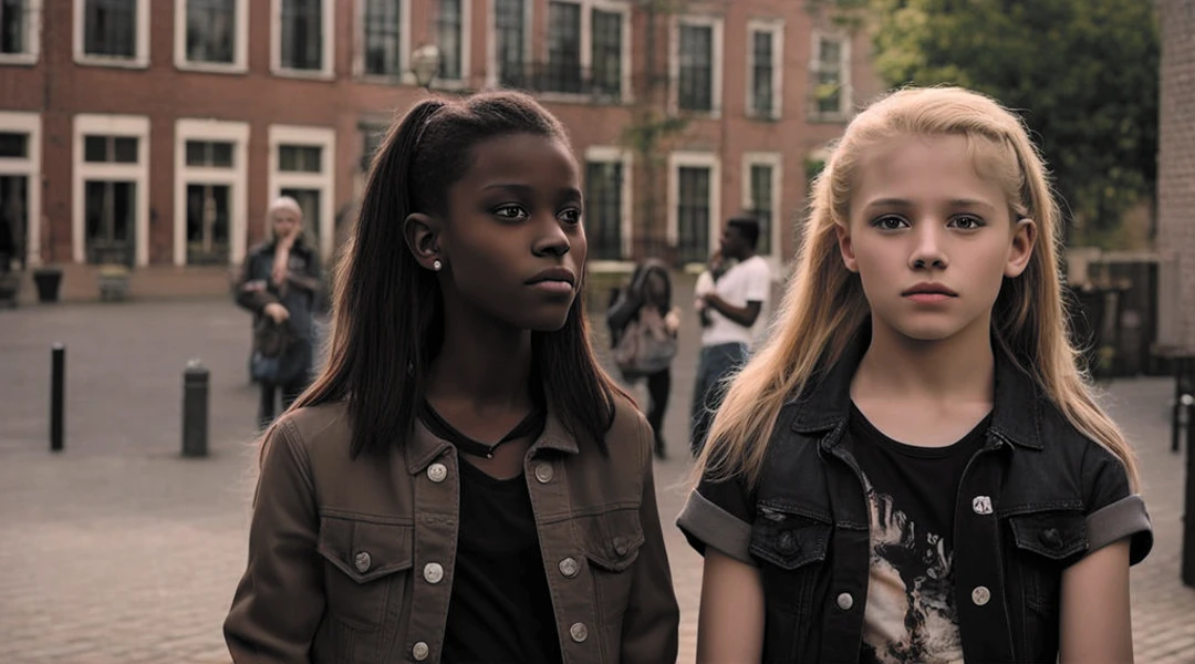 2 young women Ivana is 13 years old, white with light hair, brown eyes, wearing a black shirt and black pants. all star tennis she has a face similar to the singer jon bom jovi, and leide she has dark skin they are arriving at school great quality, great resolution and cinematography