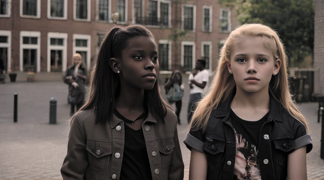 two Meninas standing in front of a brick building with a crowd of people, cena do filme live-action, ainda de um filme de ação ao vivo, ainda promocional, arte mista, captura de tela de um filme, Meninas, inspirado em Sophia Beale, lindas garotas, still from o filme, filme ainda, duas meninas, cena maravilhosa, o filme, por Jonas De Ro