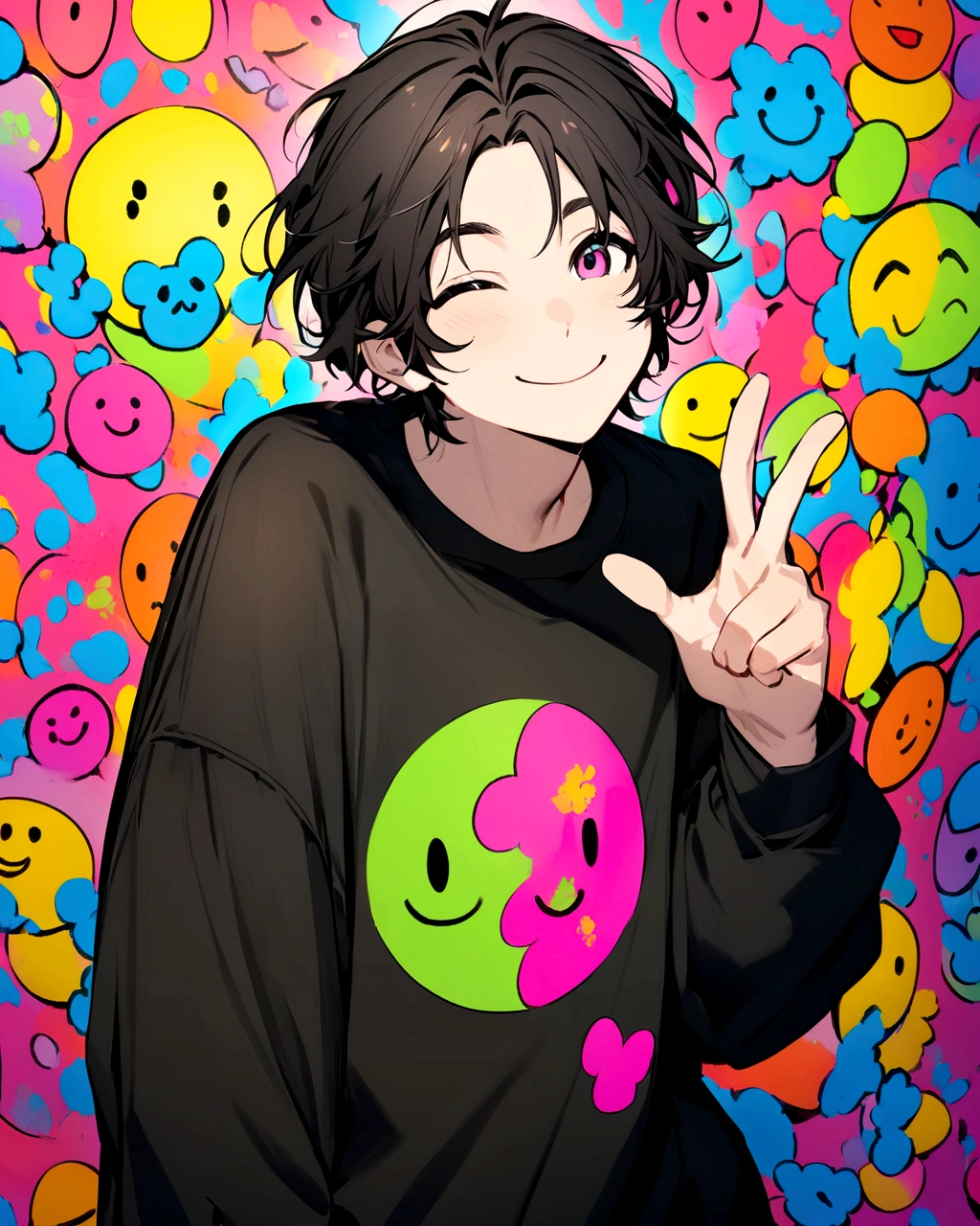 Create an anime-style illustration of a cheerful boy with medium-length dark hair. He is wearing an oversized black sweatshirt with a large, abstract smiley face graphic on it. The boy is posing with one hand making a peace sign near his face and is winking, smiling brightly. The background should be a graffiti-covered wall with a mix of colorful splashes. The artist's signature 'Sushi JK.' should be included in the corner of the image