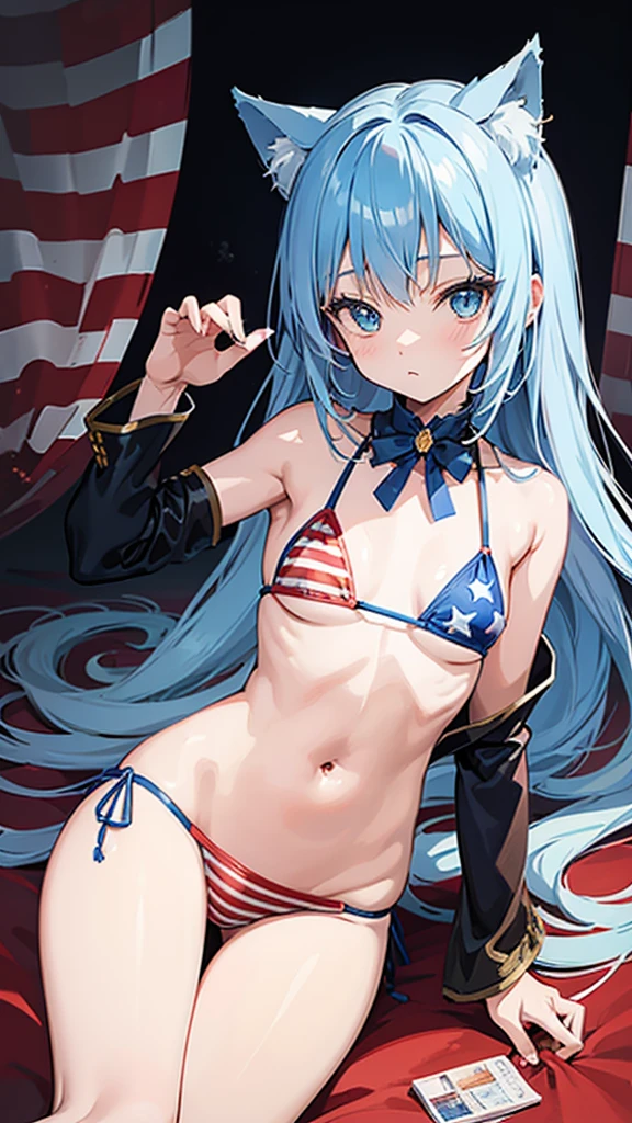 (intricate anime-style illustration),cute shota,light blue long hair,cat ears tail,ultra big thigh,American Independence Day, (American flag) print bikini,