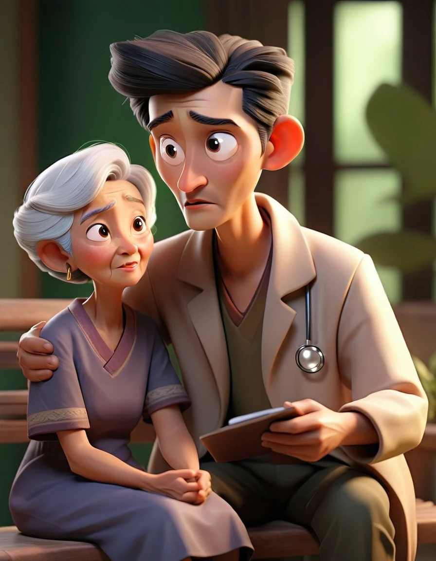 Doctor, male, Thai, black hair, handsome, smart, sitting and talking with a patient.
She is a grandmother, old, white hair, wearing casual clothes. Grandma was shocked