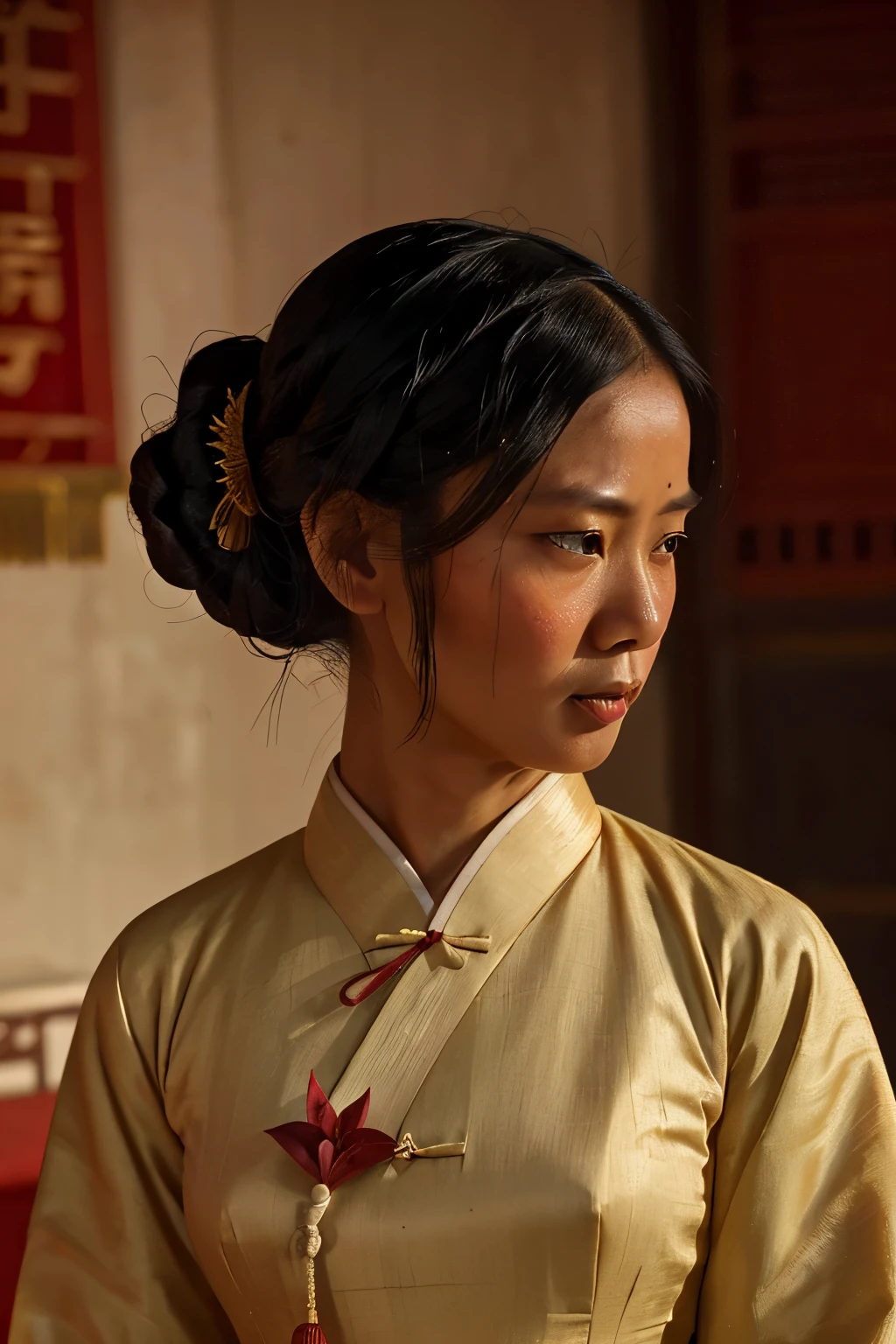 Tongkou, China, 1865. close-up of A young ((((42-year-old)) WhiteLily)), asian woman, in a temple, sad, ((((chinese clothings from the 1860s)))), ((hairstyle of the 1860s))