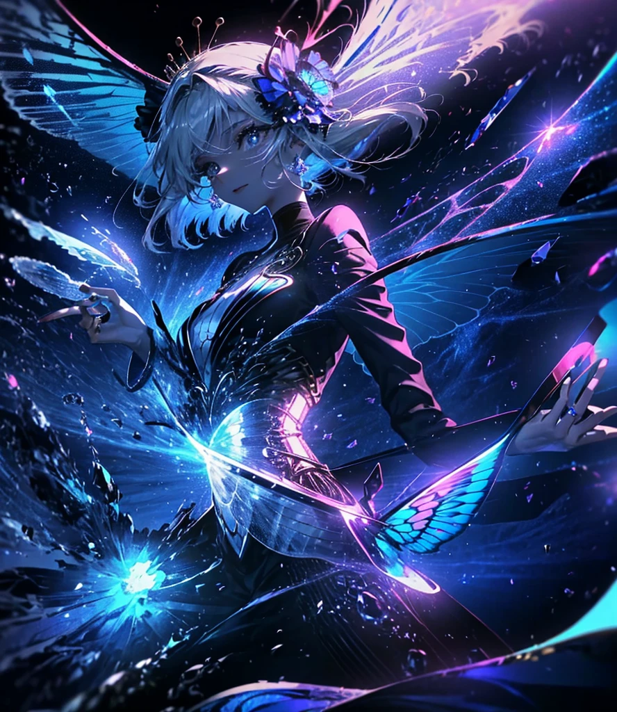 (((Masterpiece))), (((Best quality))), ((Ultra-detailed)),(Highly detailed CG illustration), ((An extremely delicate and beautiful)),Cinematic light, Create stunning fantasy artwork，fairy fantasy，the Flower Fairy，Transparent butterfly wings，Fairy stick，Lots of flowers，Lots of colouring butterflies, A skirt blown by the wind，Fluttering strands of rainbow hair，Side Body，ventania:1.3，dyna，brightly colored，Exudes an aura of mystery and magic. Pay close attention to intricate facial features, For example, mesmerizing eyes，smile，brightly， The character's clothes should be designed to be as light as the wings of a cicada， Subtle iridescent details. Blend in with fantastic colors, Dynamic lighting, and detailed background elements，Consider the latest trends in fantasy art, such as incorporating unique lighting effects, Explore dynamic and engaging composition techniques, And try a unique color palette. Take inspiration from top artists on ArtStation and Midjourney. camera: Choose an angle that highlights the beauty of your character，Enhance the magical majesty of the artwork. lighting: Use atmospheric lighting technology to create depth and atmosphere. Resolution: Aim for high-resolution artwork，to showcase intricate detail and clarity. Artistic inspiration: Get inspiration from popular artists on ArtStation, Explore different styles