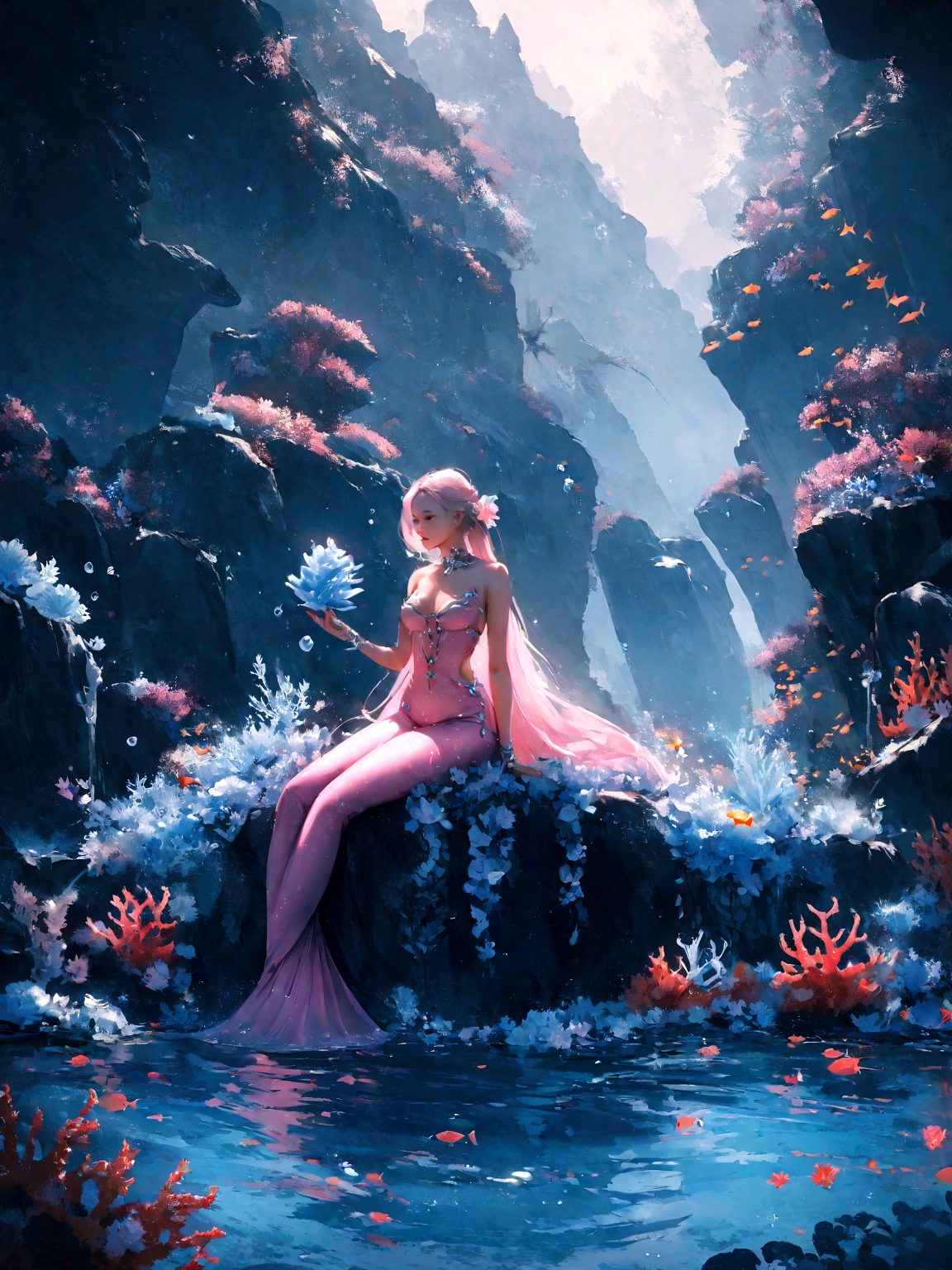 A woman in a pink dress sits in a pool, Ross Chen 8 k, Covered with coral, 🌺 CG Society, in the style of Ross Chen, Surrounded by frozen flowers, Inspired by Ross Tran, Ross Chen. Landscape background, Queen of the Sea Mu Yanling, Ross Chen and wlop, Ariana Grande as a mermaid, Fantasy Photography