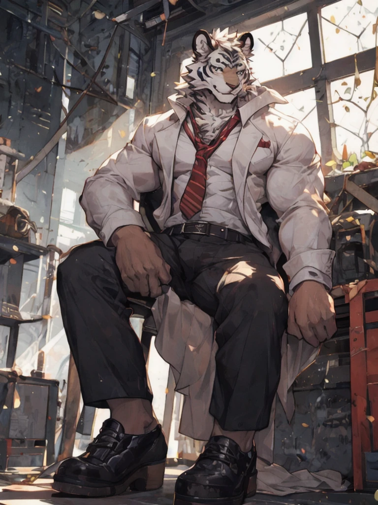 {{bara extremely handsome white tiger,}} {{white fur,}} white, wearing military like purple trench coat, purple trousers, white dress shirt and necktie, white fluffy furry body and limbs, loafers, very tall, very broad shoulders, narrow waist, muscular arms, massive pecs, purple eyes, very long legs, sitting on swivel chair with legs spread, from below perspective, massive bulge, sophisticated hot look, sexy pose, full body, sunlight casting over, 3/4 view, best quality, high quality, silver earring on left ear, sultry smirk