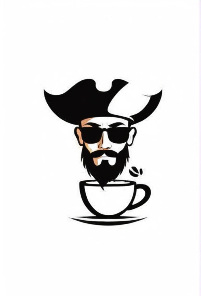 A cafe logo based on the concept of a stylish pirate. A pirate floating in the coffee. A pretty cool, chic and modern design. The background is white.