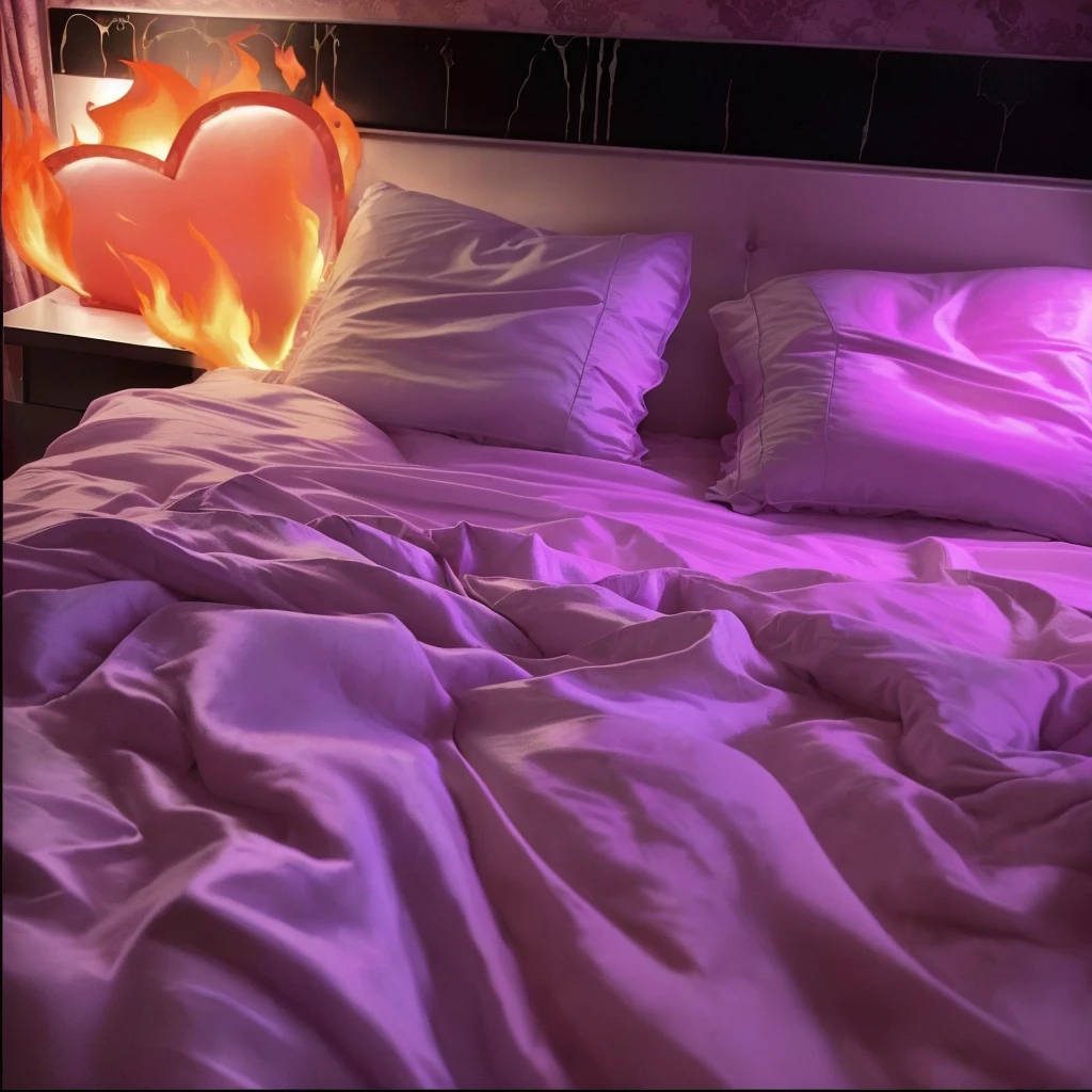 Purple sheets on a bed with heart-shaped pillows, Lovers melting into bed, ❤🔥🍄🌪, Petra Collins style, On my bed, (fire), Pleasant atmosphere, bedroom full of fire, Lying in bed, night, Someone is sitting on the bed, Comfortable bed, Pleasant aesthetics, Soft, calm and warm neon atmosphere, Lying in bed, Low purple flame