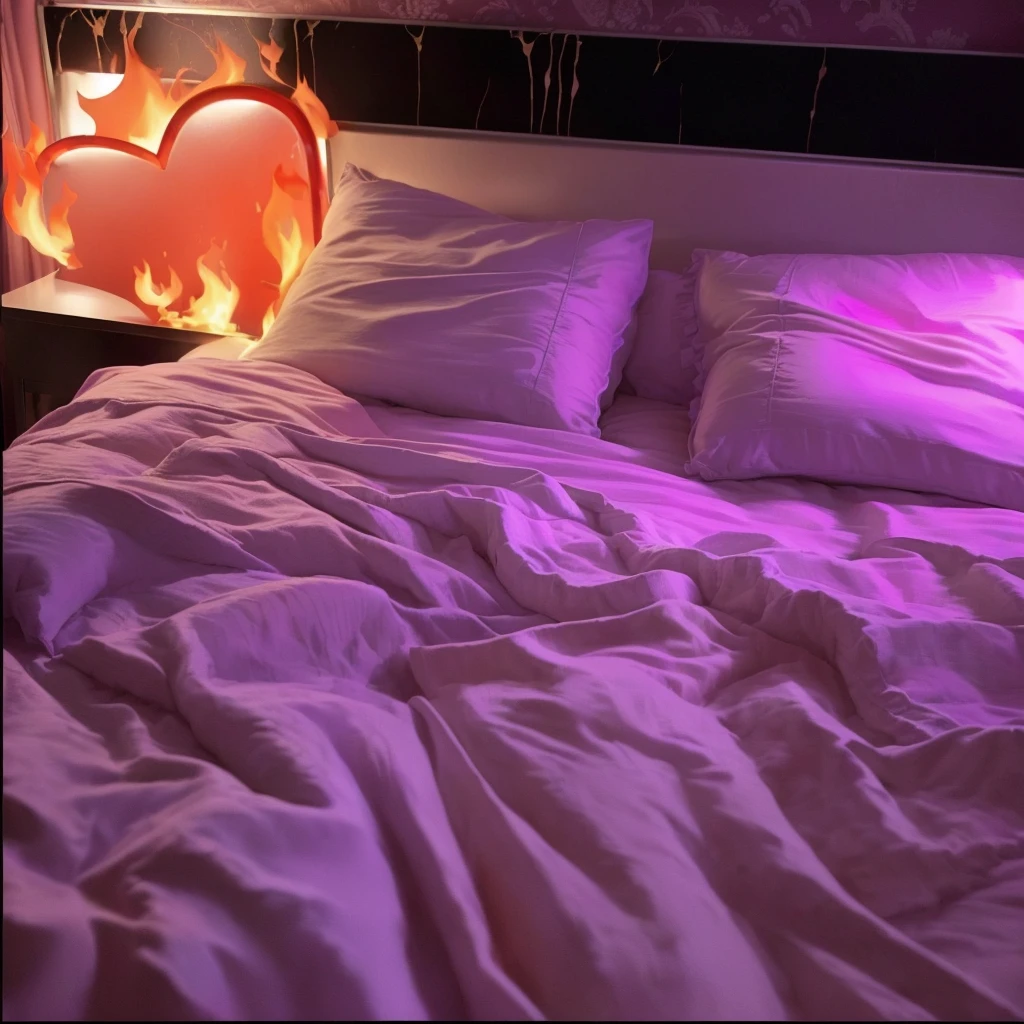 Purple sheets on a bed with heart-shaped pillows, Lovers melting into bed, ❤🔥🍄🌪, Petra Collins style, On my bed, (fire), Pleasant atmosphere, bedroom full of fire, Lying in bed, night, Someone is sitting on the bed, Comfortable bed, Pleasant aesthetics, Soft, calm and warm neon atmosphere, Lying in bed, Low purple flame