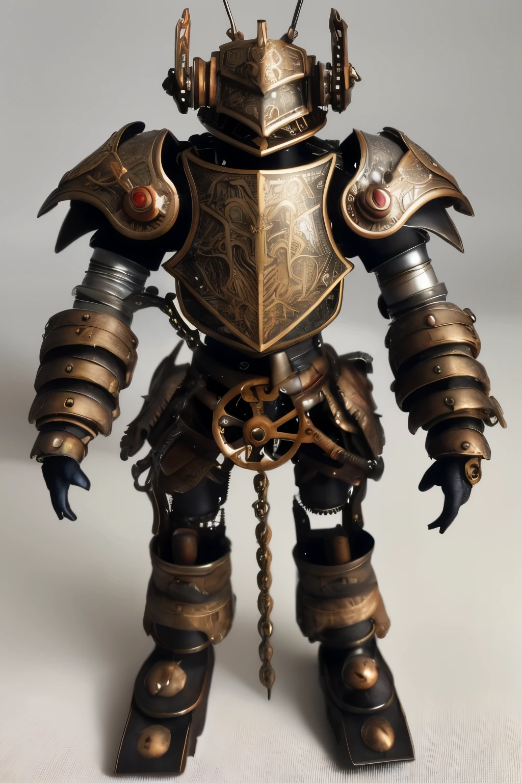 dnd small mechanical automaton with half plate armor mechanism not a humankind with lot of instruments on the belt steampunk