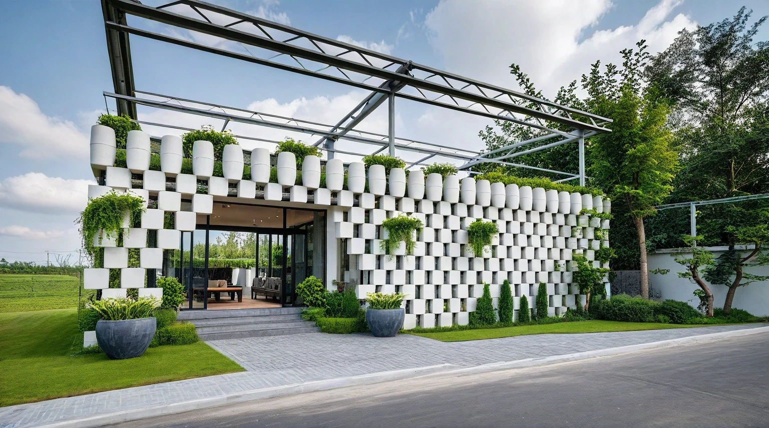 Raw photo,Masterpiece, high quality, best quality, authentic, super detail,
outdoors, onestoreyvillaXL, aiaigroup, house style modern on the street ,stairs, white wall
road,pavement, grass, trees, sky, cloud, (daylight:1.1)