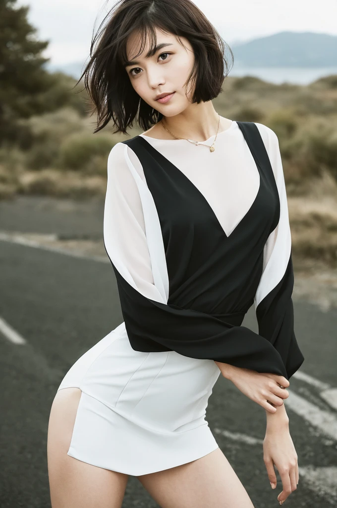 You are a professional photographer。 , short hair blown by the wind. She has a faint smile , Perfect Eyes, Perfect hands, Perfect body, Perfect Hair, Accurate身体, masterpiece, Accurate, Anatomically correct, Rough skin, Very detailed, Advanced Details, high quality, 最high quality, High resolution, 16K, 8K, Looking into the camera,Bold fitted dress、Thighs、Pearl White、Black panties