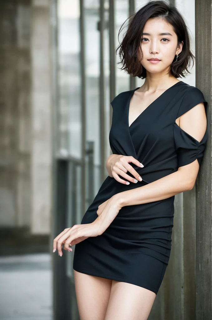 You are a professional photographer。 , short hair blown by the wind. She has a faint smile , Perfect Eyes, Perfect hands, Perfect body, Perfect Hair, Accurate身体, masterpiece, Accurate, Anatomically correct, Rough skin, Very detailed, Advanced Details, high quality, 最high quality, High resolution, 16K, 8K, Looking into the camera,Bold mini dress、Thighs