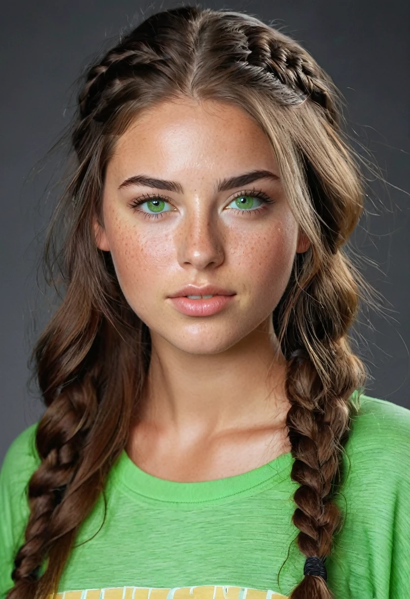 25 year old girl with wawer made waves with small braids in front of hair ((long hair)), ((freckles)), green eyes and brown hair Beautiful realistic , a 25 year old beautiful girl, brunette hair, (((bright green eyes))), youthful, big lips, small nose, thick eyebrows, round youthful cheeks, long hair, tanned skin, ((((purple color top with big breasts and low waisted jeans))), (((wearing super low waisted jeans))),