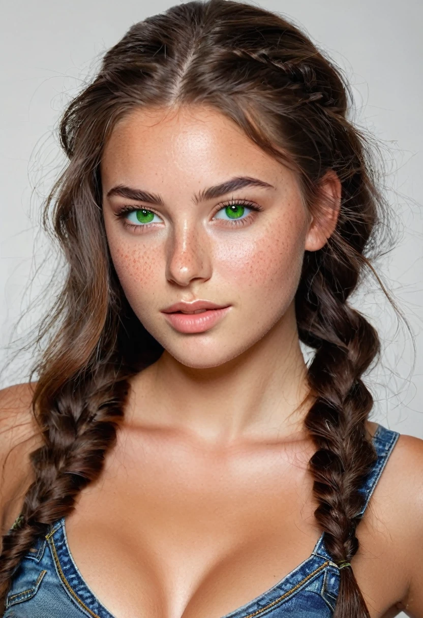 25 year old girl with wawer made waves with small braids in front of hair ((long hair)), ((freckles)), green eyes and brown hair Beautiful realistic , a 25 year old beautiful girl, brunette hair, (((bright green eyes))), youthful, big lips, small nose, thick eyebrows, round youthful cheeks, long hair, tanned skin, ((((purple color top with big breasts and low waisted jeans))), (((wearing super low waisted jeans))),