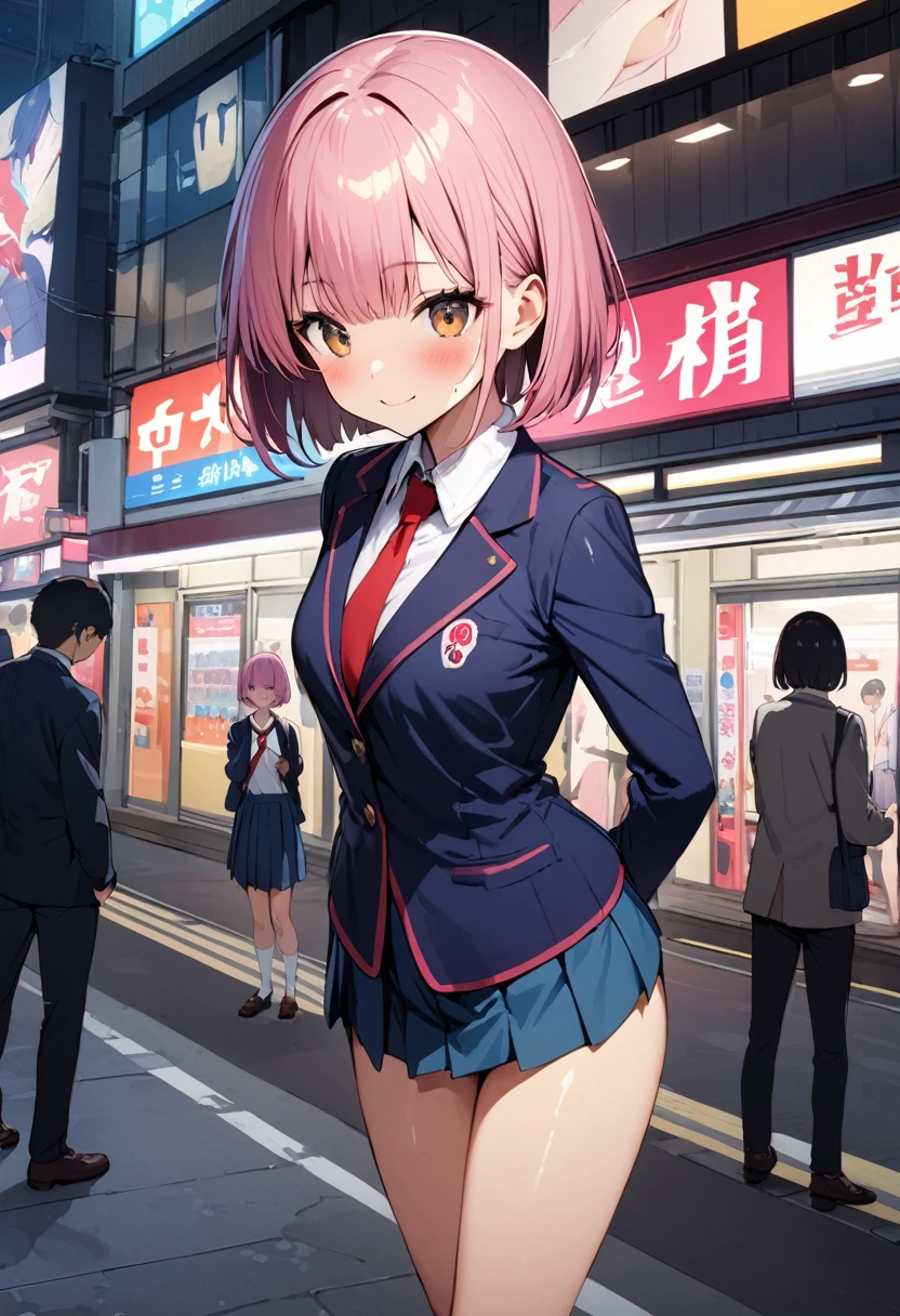 ((masterpiece,Highest quality:1.3,best quality illustration)),cowboy shot,1woman,16-year-old Japan beauty,((very small head:1.2)),short bob hair,bangs,(pink hair),brown eyes,gorgeous eyes,blush,smile,medium breasts,((very long body)),(School uniform,Navy blue blazer、Red tie、White Shirt、Navy blue pleated mini skirt),(toned body,slender body,skinny),gleaming skin,shiny skin,oily skin,standing,Shibuya Station、Tokyo