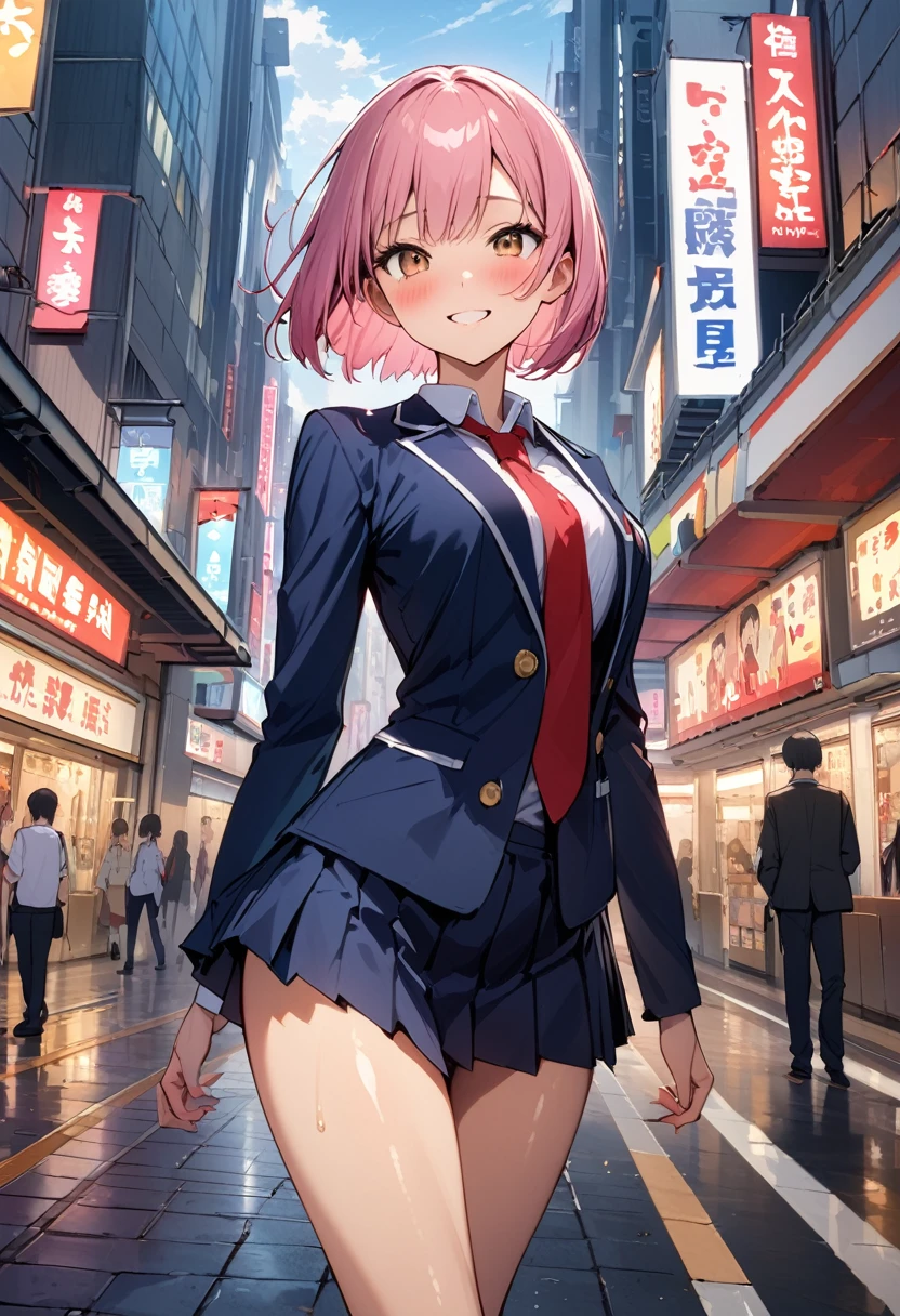 ((masterpiece,Highest quality:1.3,best quality illustration)),cowboy shot,1woman,16-year-old Japan beauty,((very small head:1.2)),short bob hair,bangs,(pink hair),brown eyes,gorgeous eyes,blush,smile,medium breasts,((very long body)),(School uniform,Navy blue blazer、Red tie、White Shirt、Navy blue pleated mini skirt),(toned body,slender body,skinny),gleaming skin,shiny skin,oily skin,standing,Shibuya Station、Tokyo