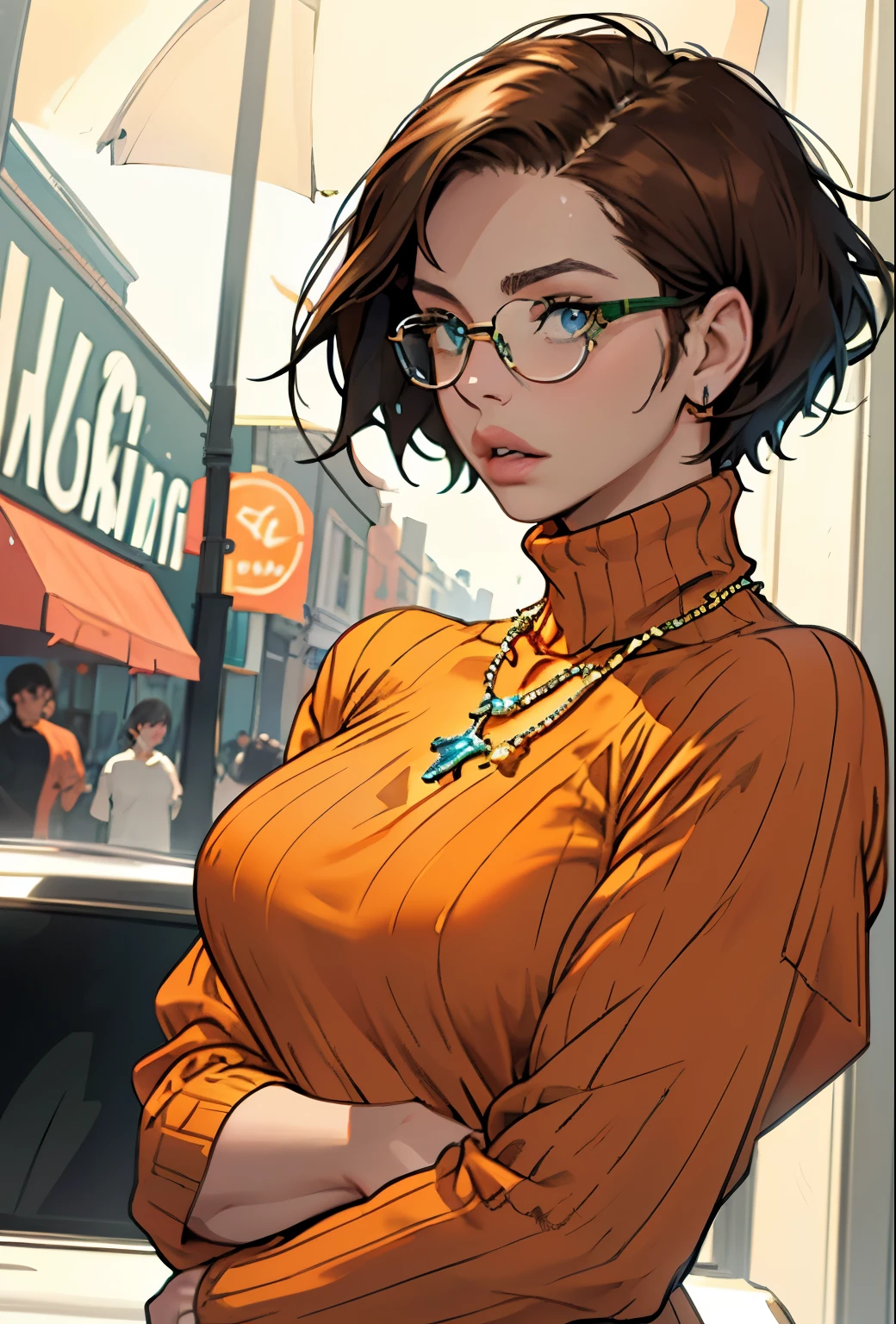 (masterpiece, Highest quality) One girl, Ashley Graham RE, alone, chest, View your viewers, short hair, blue eyes, shirt, Bare shoulders, jewelry, medium chest, Green Eyes, Upper Body,Brown Hair, parted lips, No sleeve, necklace, sweater, lips, turtleneck, Bobcut, ribbed sweater, Realistic, nose, No sleeve turtleneck, orange shirt, orange sweater,Wear glasses,