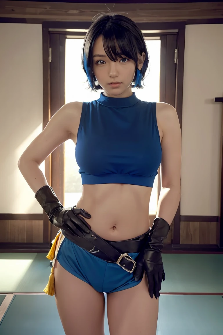 1girl, ((midriff, navel)), looking at viewer, japanese dojo, (cinematic lighting, best quality, masterpiece, hand on hips, high skin details, best quality, highres, HD, 4K, 8k, super detail), (kujou sara:1.3), mask on head, blue hair, short hair, yellow eyes, tassel, gloves