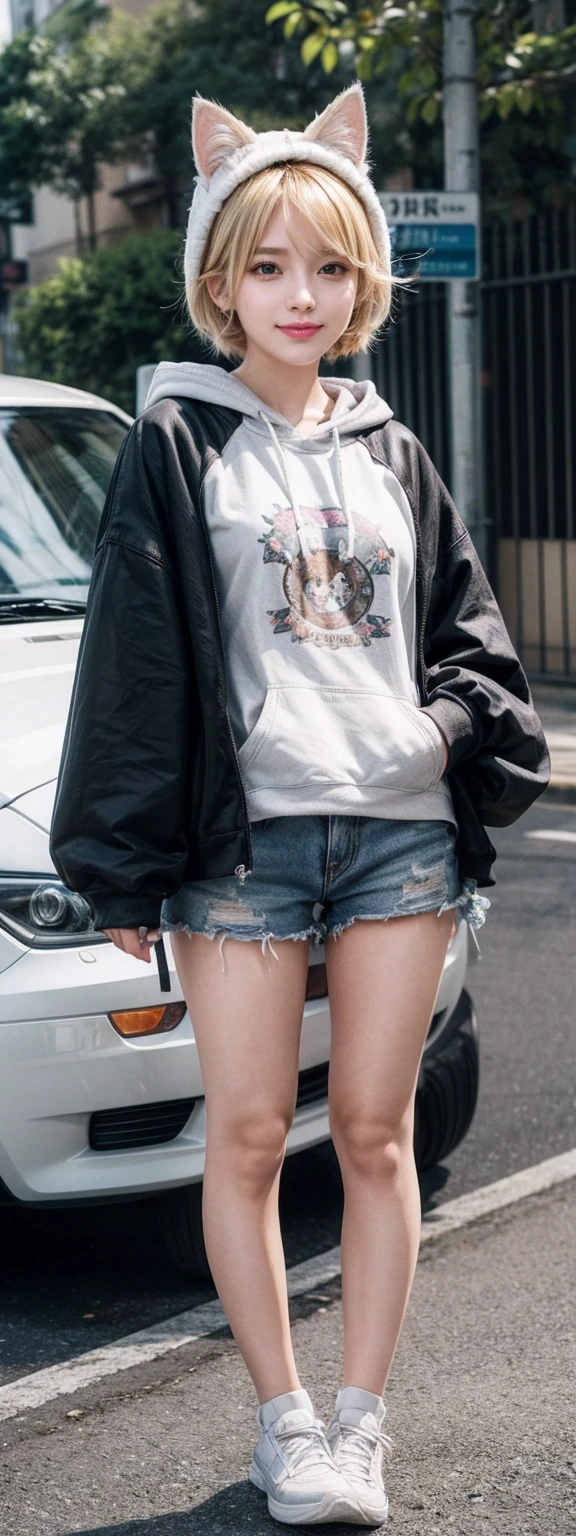 (masterpiece), (best quality), (illustration), (Very detailed), (high resolution), absurd, A girl, (Kagamine wheel), (Seiyuu), Smile, short hair, Hairpin, (cat ear hoodie), Wear a hoodie, Cute sleeves, blush, Black shorts, (Blonde), (Number 02 tattoo on left arm), Very cute girl, small, young, Beautifully, outdoor, Focus on girls