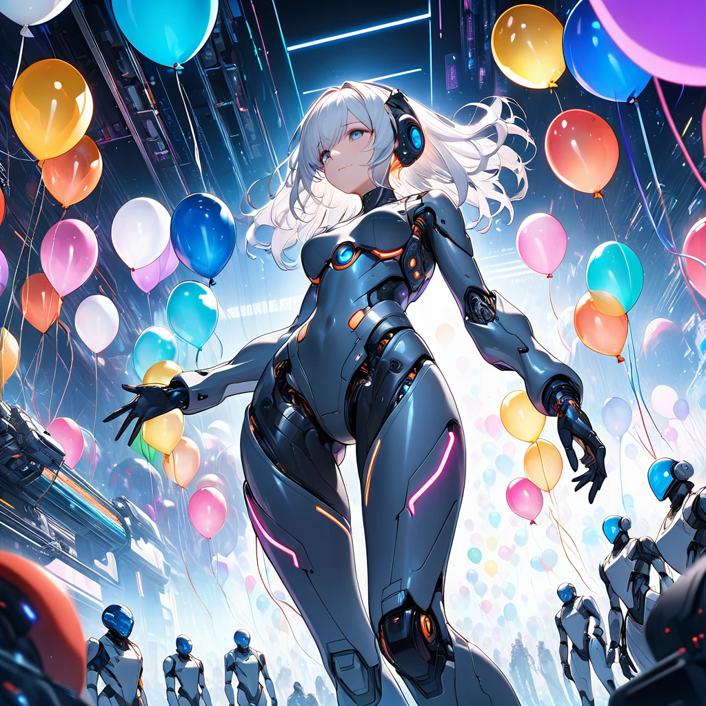 Real CG art of the creative world,A picture of a cyborg girl chasing colorful balloons in a cyber world.The girl has long white hair Blue and white cyborg style body,Body with a lot of exposed machinery,Clear blue neon light from the suit,No decoration on the head, a cyber space like the anime Ghost in the Shell,At the end of the cyber space, there are lights and many colorful balloons.The girl is reaching out and chasing the balloon,The girl's beautiful hair texture, beautiful face,Beautiful depiction of the cyber suit mechanism,Beautiful depiction of balloons,The feeling of no writing in the cyberspace,A perspective looking up at the balloon from below.(Masterpiece, Best Quality, 4k, 8k,1.2) Ultra Detail