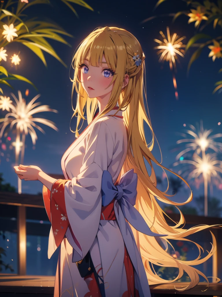 Kei karuizawa, kimono night in firework ,blonde, long hair, blue eyes
