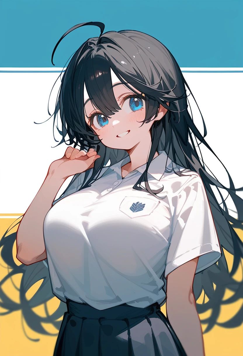 One Girl、Big Breasts、Black Hair、Long Hair、Straight Hair、Ahoge、high school student、smile、Dark blue eyes、Big eyes、shirt、Background School