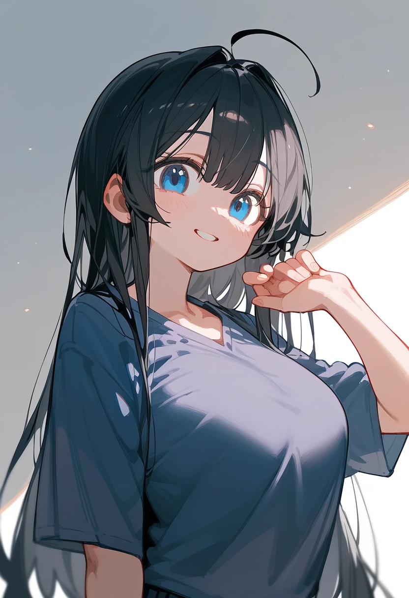 One Girl、Big Breasts、Black Hair、Long Hair、Straight Hair、Ahoge、high school student、smile、Dark blue eyes、Big eyes、shirt、Background School