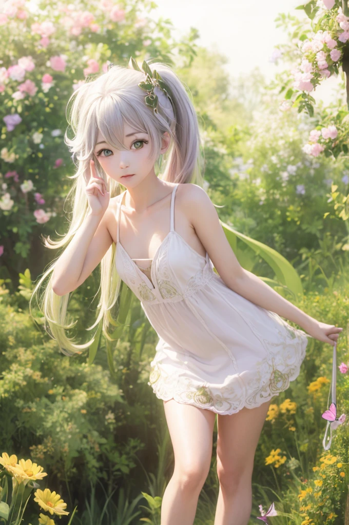 (8K, best quality, master piece: 1.5),super high resolution, One girl, solo, low angle, junior high school student, ultra-detailed face, detailed eyes, rainbow colored iris, cyan eyes, braids, Silver gray hair, blunt bangs, hairclip, orgasm face, pale skin, Medium chest, (show off pussy:1.3), touch pussy, pussy juice, (hot pink color princess dress), bare legs, bridal garter, garden, wariza