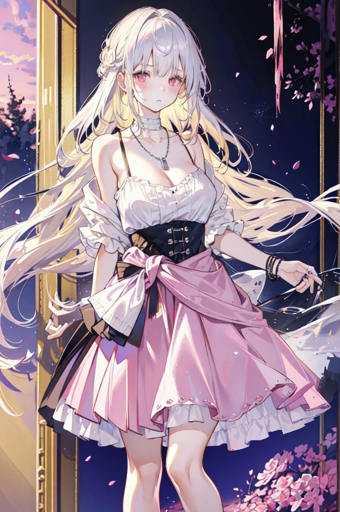 masterpiece, best quality, whole body, 1 Girl, Bangs, silver necklace, Blonde hair, Pink Eyes, blush, bracelet, Huge breasts, Clothes around the waist, clavicle, Gradient hair, Shy, Jewelry, Long hair, Looking at the audience, Loose necklace, lattice, lattice skirt, pleated skirt, short skirt, ring, white Women&#39;s shirts, off-shoulders Women&#39;s shirts, Women&#39;s shirts, skirt, brown skirt, Innocent, Solitary, street, Sky, Cherry blossoms, petal, illustration, Fashionable, Miss, Energetic, Full set of clothing, Strike a pose, front, rich and colorful, Dynamic, background, Express, statement, Accessories, majestic, curled, Touch, Scenes, striking, fashionable, striking, Modern, trend, Key Points, Fashion, Sexy, Tempting breasts, Cute girl, Top of crop