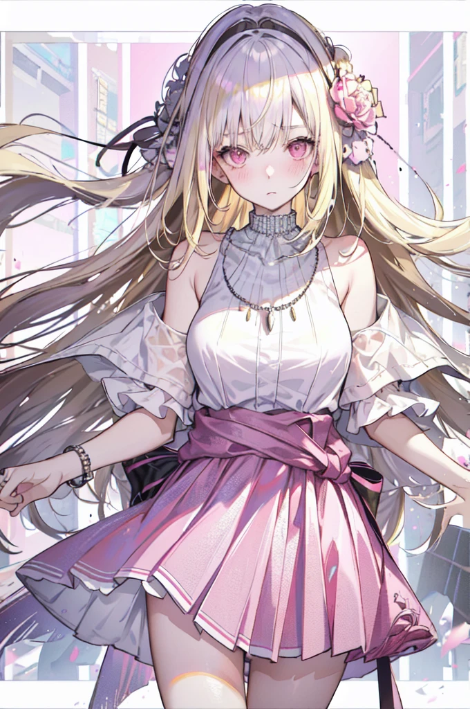 masterpiece, best quality, whole body, 1 Girl, Bangs, silver necklace, Blonde hair, Pink Eyes, blush, bracelet, Huge breasts, Clothes around the waist, clavicle, Gradient hair, Shy, Jewelry, Long hair, Looking at the audience, Loose necklace, lattice, lattice skirt, pleated skirt, short skirt, ring, white Women&#39;s shirts, off-shoulders Women&#39;s shirts, Women&#39;s shirts, skirt, brown skirt, Innocent, Solitary, street, Sky, Cherry blossoms, petal, illustration, Fashionable, Miss, Energetic, Full set of clothing, Strike a pose, front, rich and colorful, Dynamic, background, Express, statement, Accessories, majestic, curled, Touch, Scenes, striking, fashionable, striking, Modern, trend, Key Points, Fashion, Sexy, Tempting breasts, Cute girl, Top of crop