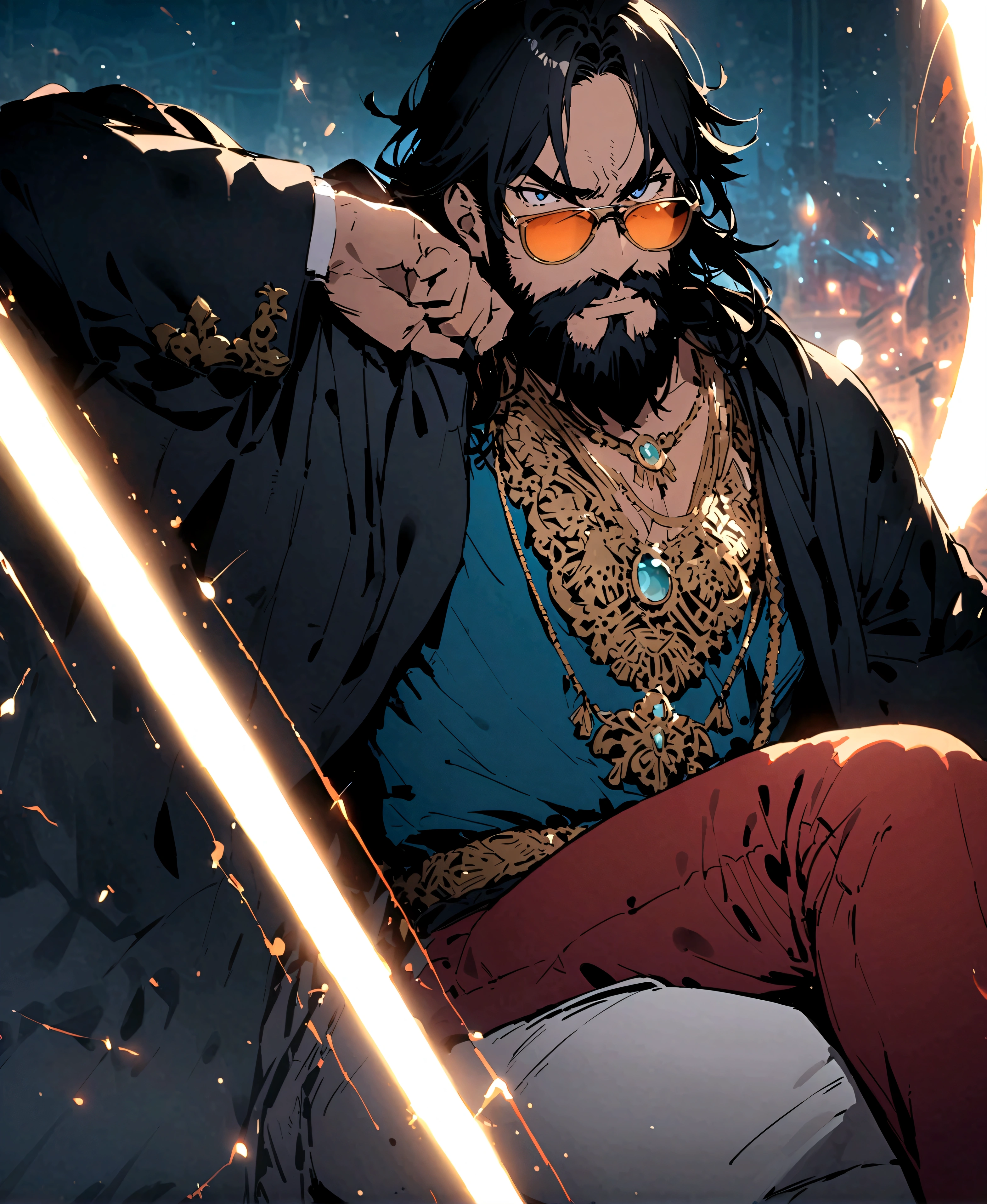 Fate/Grand/Order、Chaldea Summer Adventure!、sandy beach、(((midsummer gentleman)))+++、(((Sunglasses on the head)))+++、(((In a blue jacket)))+++、(((blue aloha shirt)))+++、(((white pants)))+++、(((light blue pearl)))+++、(((wink)))+++、(((big smile)))+++、(((Gut Pose)))+++、black beard、edward teach、black hair、black beard、black cloak、red pants、golden necklace、middle-aged otaku、creepy otaku、V-shaped eyebrows、