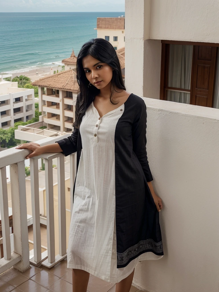A indian gril black hair   drees  kurta shirt standing on balcony looking sea view on the resort
