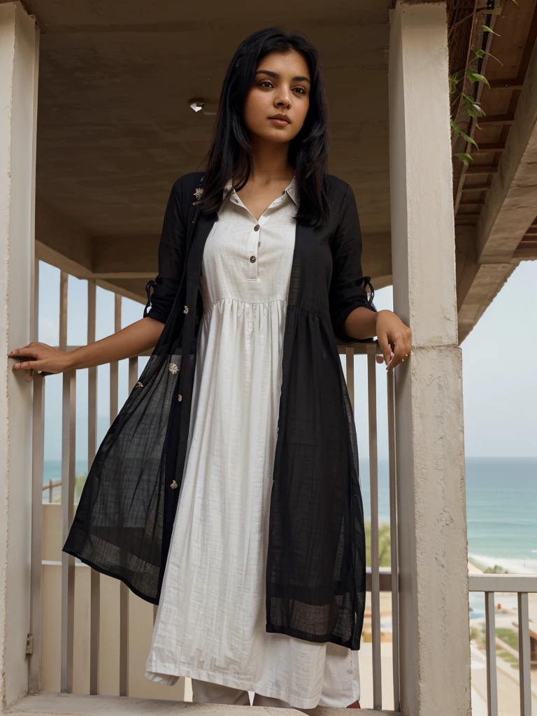 A indian gril black hair drees kurta shirt standing on balcony looking sea view on the resort