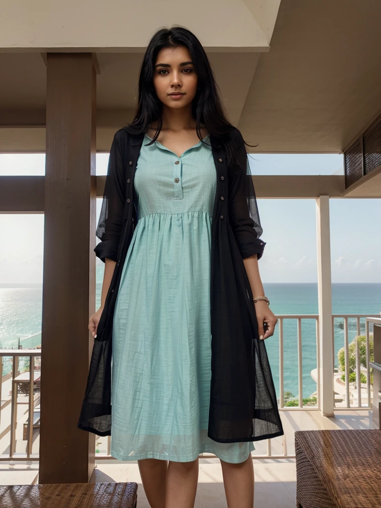 A indian gril black hair   drees  kurta shirt standing on balcony looking sea view on the resort