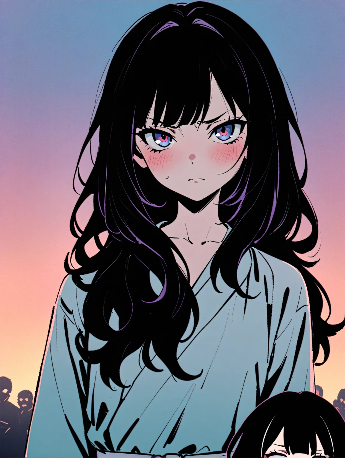 {{{sincos (sincos), kuvshinov ilya (kuvshinov ilya), girl, wist-high}}}, 1 girl, wear a medical gown, waist-high. Stands directly towards the viewer. Tired face, weak facial expressions. The hair is wavy, gathered at the back of the head, red at the ends, and ivory at the roots. The skin is not pale. The face is delicate, the cheekbones are not expressed. The eyes are black.
Atmosphere - sunset, evening, Predominant colors: blue, lilac, purple - not bright, calm. Background fill with a small shadow from the character.