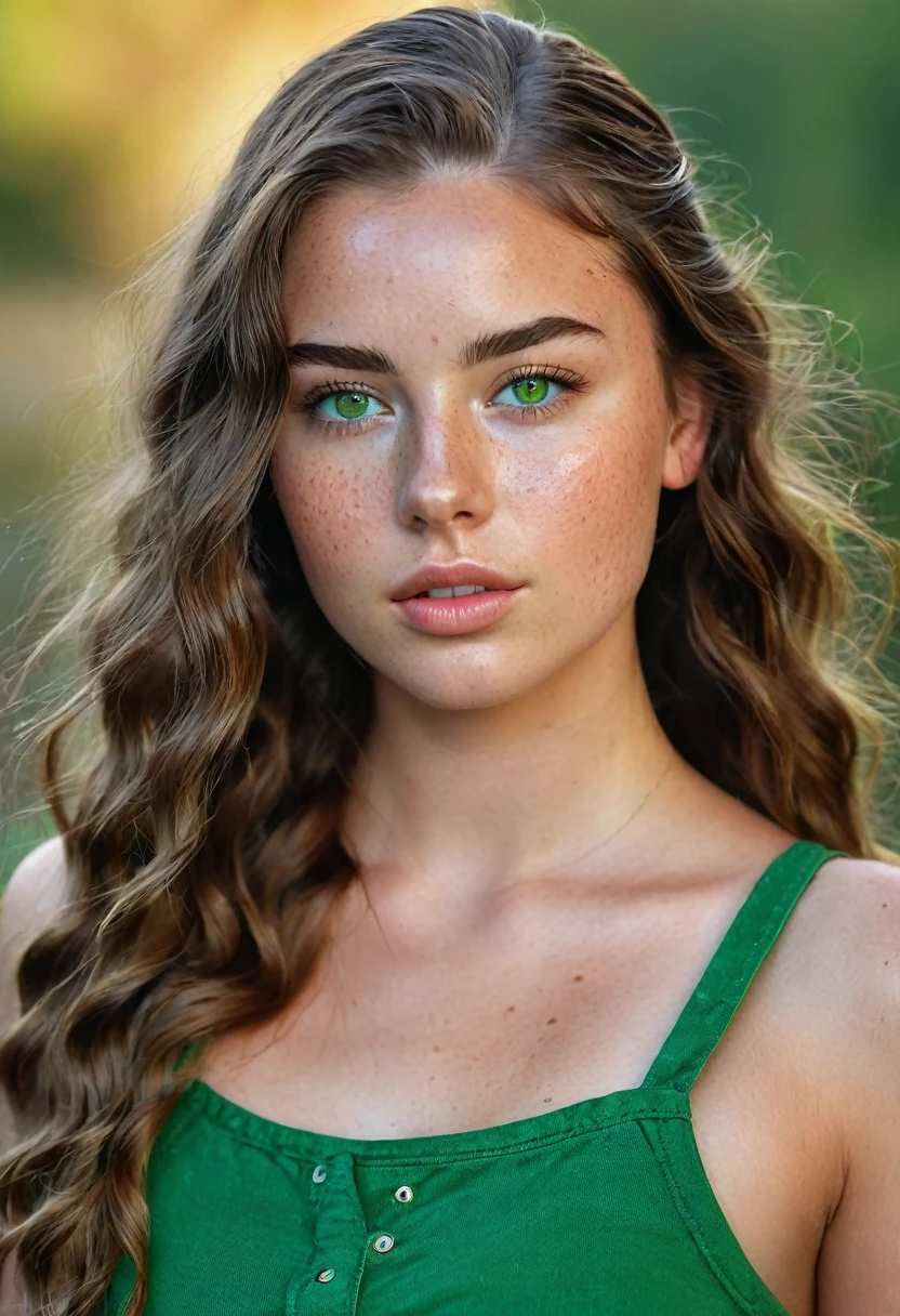 25 year old girl with wawer made waves with small braids in front of hair ((long hair)), ((freckles)), green eyes and brown hair Beautiful realistic , a 25 year old beautiful girl, brunette hair, (((bright green eyes))), youthful, big lips, small nose, thick eyebrows, round youthful cheeks, long hair, tanned skin, ((wearing a 90's inspired outfit with low waisted jeans))