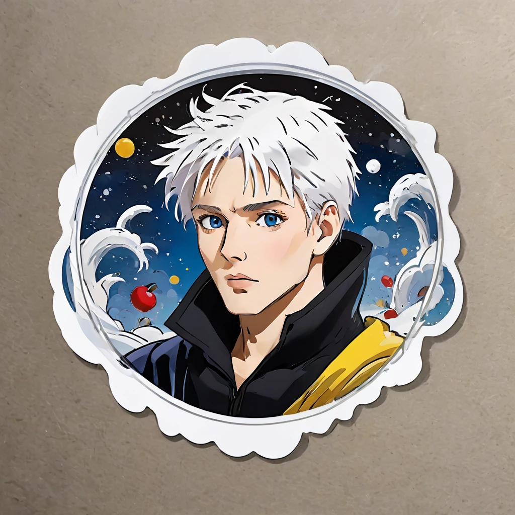 (a sticker,),(3D anime gojo), snow white hair,(In circlerown background), (pollock border)（oil painting style）， ultra - detailed, male character, best quality, Detailed diagram, vectorized, 8K, Professional a sticker design, Graphic design, vector lines, a sticker, Full-HD
