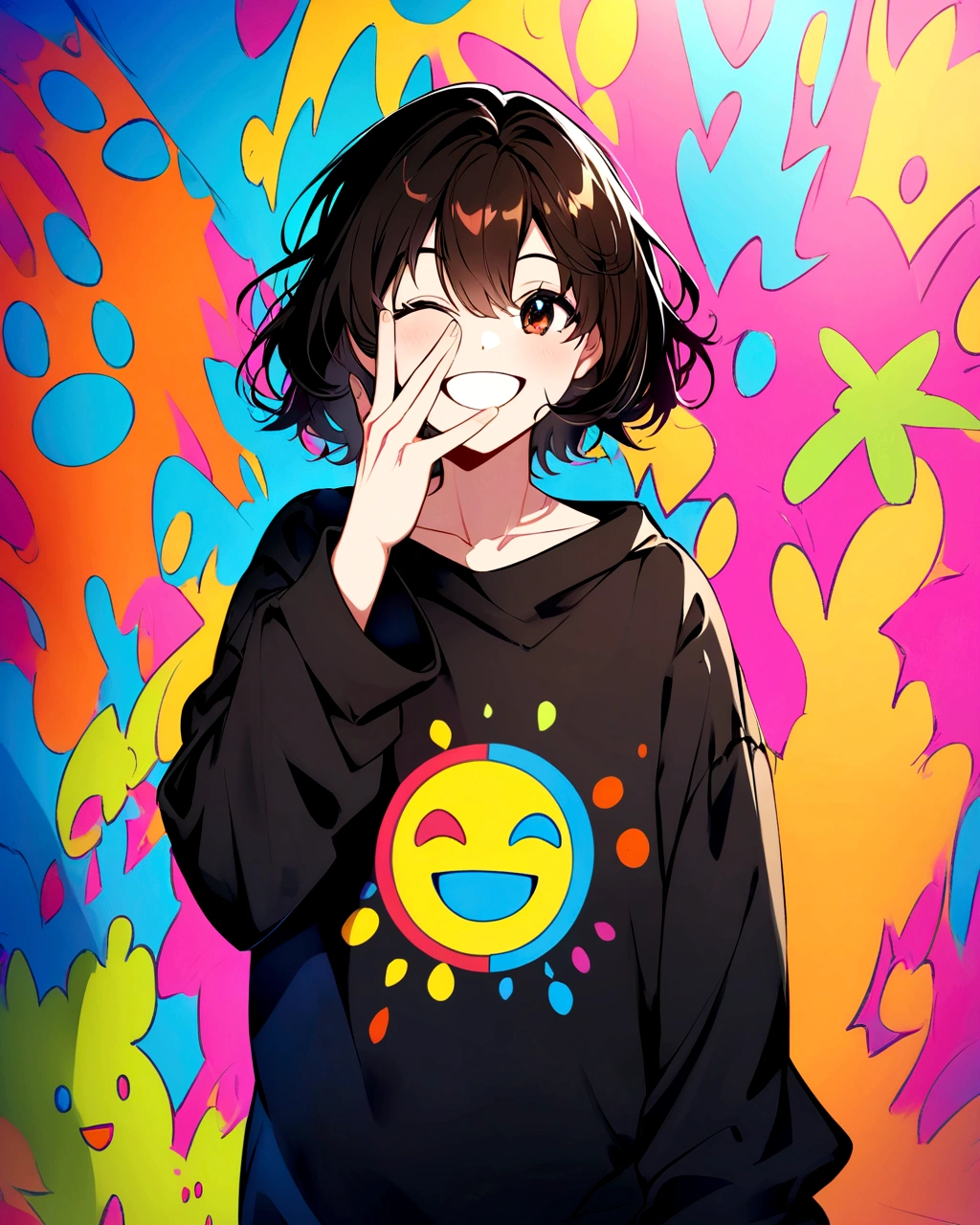 Create an anime-style illustration of a cheerful boy with medium-length dark hair. He is wearing an oversized black sweatshirt with a large, abstract smiley face graphic on it. The boy is posing with one hand making a peace sign near his face and is winking, smiling brightly. The background should be a graffiti-covered wall with a mix of colorful splashes. The artist's signature 'Sushi JK.' should be included in the corner of the image