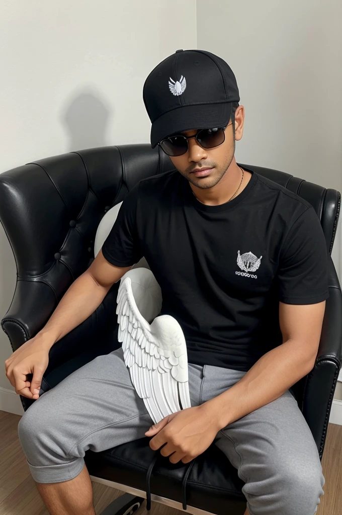 Create a 3D illusion for a WhatsApp profile
picture where a boy  in a black shirt sits casually
on a Wingback Chair. Wearing sneakers ,a black
cricket cap, and sunglasses, he looks ahead. The
background features “ANEEB” in big and capital
white fonts on the black wall. There should not be
his shadow, and there are wings to make it appear
as if he is an angel.
(