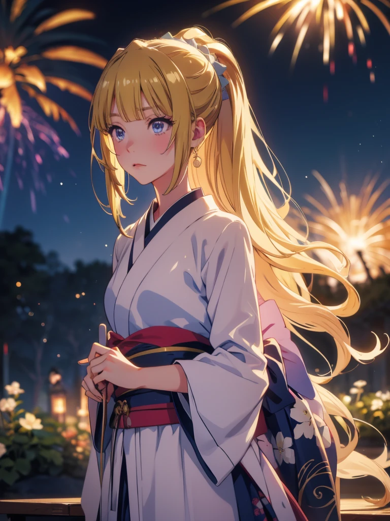 Kei karuizawa, kimono night in firework ,blonde, blue eyes