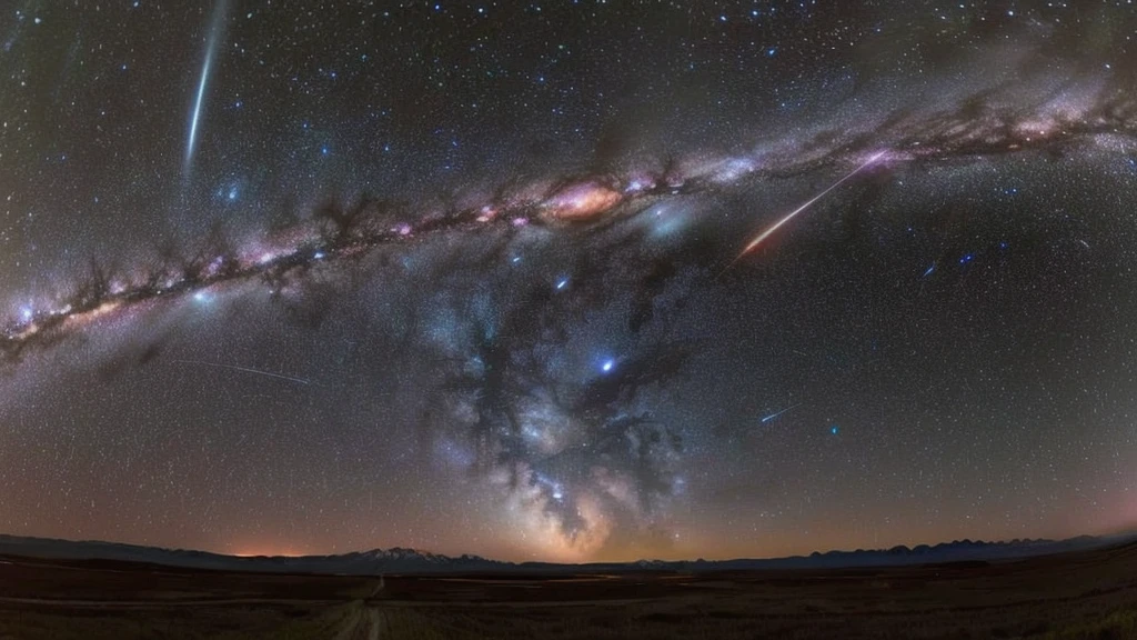 arafed view of a night sky with a bright star and a shooting star, night sky with many meteorites, perseides meteor shower, meteor shower, stars and planets visible, meteors are falling from the sky, during a meteor storm, meteors falling, meteors, planets in the skies, on a clear magnificent night sky, planets in the sky