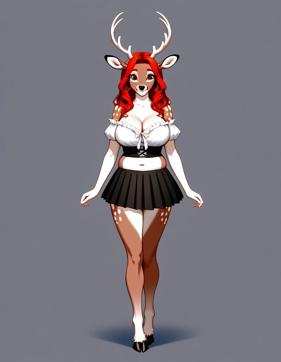 masterpiece, Best quality, antro, Furry, deer, Doe, Long eyelashes, plump, big breasts, big butt, Red hair, square hairstyle,shoulder-length hair,square, Cinematic lighting, Scattered light, A high resolution, high detail, ultra realistic, nice smile, smiling, Reference, full height, вид в full height, deer hooves, a tall girl, looks from the front, standing straight, full height, coming, stepping, strolls, You can see the legs, hooves are visible, Deer tail, naked, nude, Reference персонажа, lilac fur, White spots, brown cases