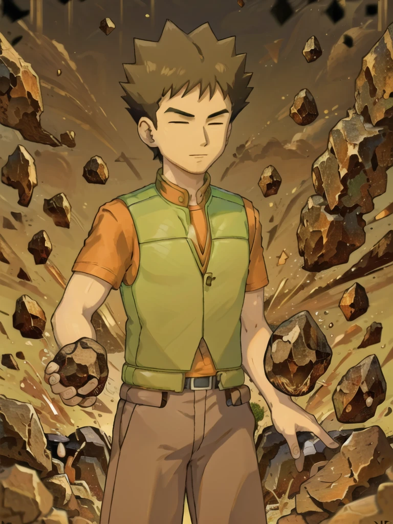 (masterpiece), hdr, 1boy, brkani, abstract background of stones, black background, dim light, brown pants, orange shirt, short sleeves, green vest, open vest