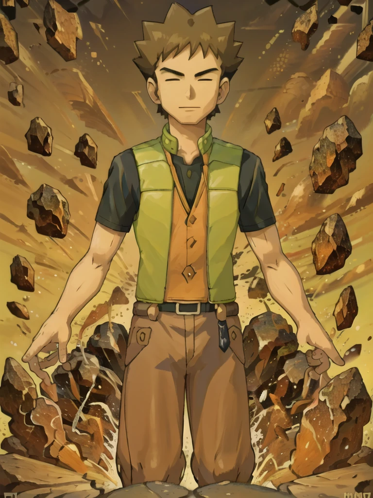 (masterpiece), hdr, 1boy, brkani,   abstract background of stones, black background,  dim light, brown pants, orange shirt, short sleeves, green vest, open vest