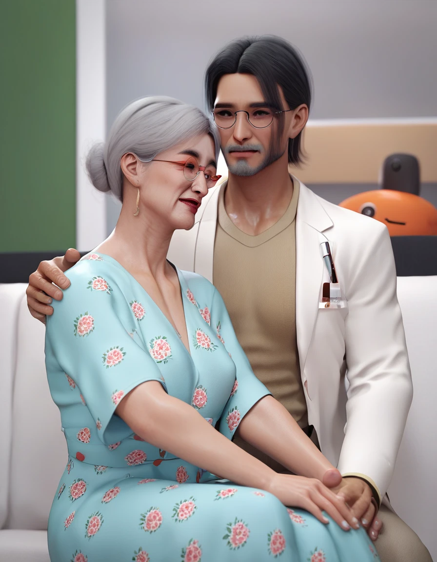 Doctor, male, Thai, black hair, handsome, smart, sitting and talking with a patient.
She is a grandmother, old, white hair, wearing casual clothes. Grandma was shocked