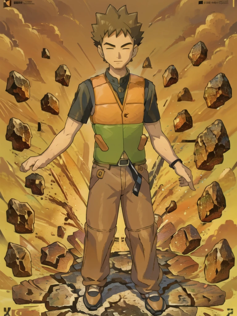 (masterpiece), hdr, 1boy, brkani, abstract background of stones, black background, dim light, brown pants, orange shirt, short sleeves, green vest, open vest