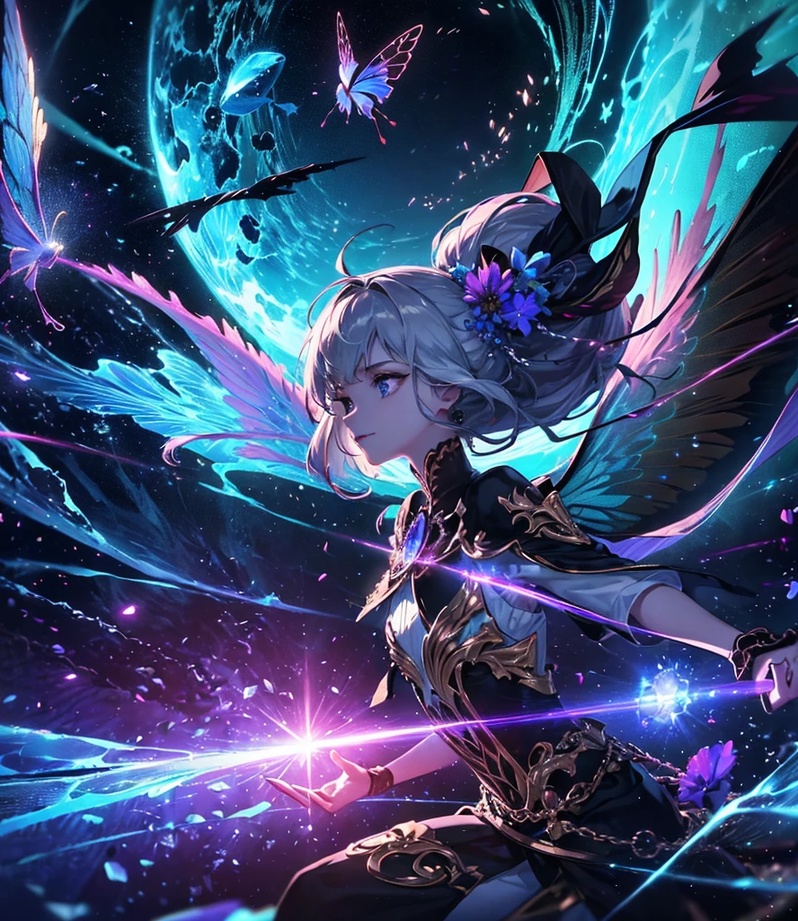 (((Masterpiece))), (((Best quality))), ((Ultra-detailed)),(Highly detailed CG illustration), ((An extremely delicate and beautiful)),Cinematic light, Create stunning fantasy artwork,fairy fantasy,the Flower Fairy,Transparent butterfly wings,Fairy stick,Lots of flowers, A skirt blown by the wind,Fluttering strands of rainbow hair,Side Body,ventania:1.3,dyna,brightly colored,Exudes an aura of mystery and magic. Pay close attention to intricate facial features, For example, mesmerizing eyes,smile,brightly, The character's clothes should be designed to be as light as the wings of a cicada, Subtle iridescent details. Blend in with fantastic colors, Dynamic lighting, and detailed background elements,Consider the latest trends in fantasy art, such as incorporating unique lighting effects, Explore dynamic and engaging composition techniques, And try a unique color palette. Take inspiration from top artists on ArtStation and Midjourney. camera: Choose an angle that highlights the beauty of your character,Enhance the magical majesty of the artwork. lighting: Use atmospheric lighting technology to create depth and atmosphere. Resolution: Aim for high-resolution artwork,to showcase intricate detail and clarity. Artistic inspiration: Get inspiration from popular artists on ArtStation, Explore different styles