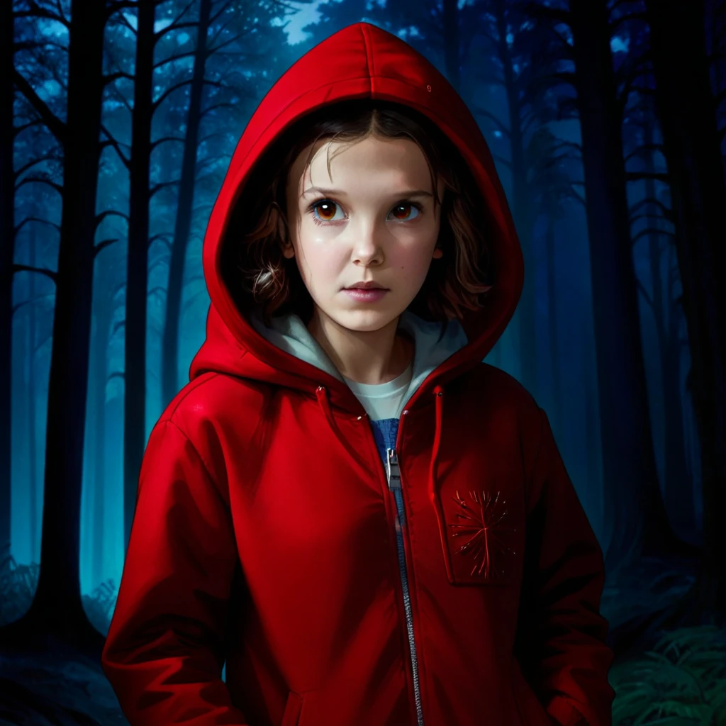 milli3 woman, millie bobby brown, 1 girl wearing red jacket and hood, netflix, stranger things, eleven, in a dark forest, front view