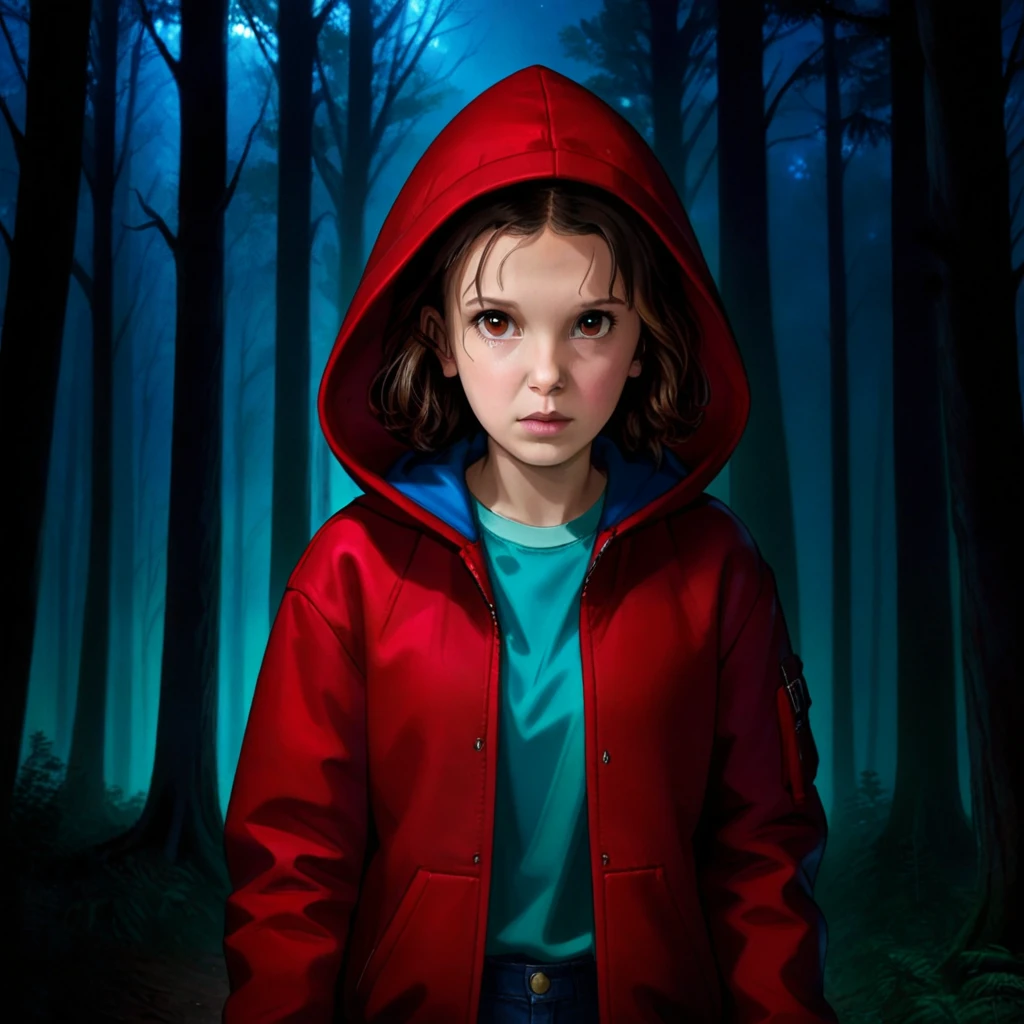 milli3 woman, millie bobby brown, 1 girl wearing red jacket and hood, netflix, stranger things, eleven, in a dark forest, front view