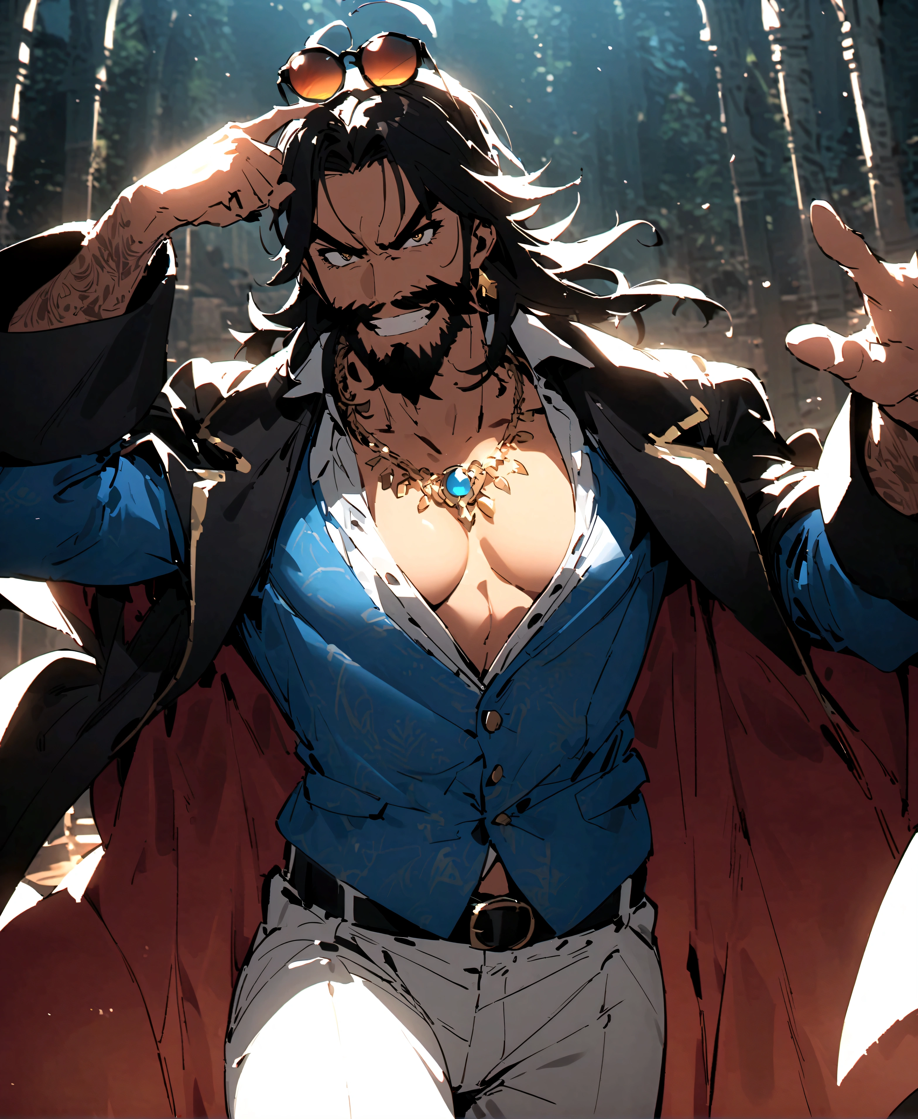 Fate/Grand/Order、Chaldea Summer Adventure！、sandy beach、（（（midsummer gentleman）））+++、（（（Sunglasses on the head）））+++、（（（In a blue jacket）））+++、（（（blue aloha shirt）））+++、（（（white pants）））+++、（（（light blue pearl）））+++、（（（wink）））+++、（（（big smile）））+++、（（（Gut Pose）））+++、black beard、edward teach、black hair、black beard、black cloak、red pants、golden necklace、middle-aged otaku、creepy otaku、V-shaped eyebrows、